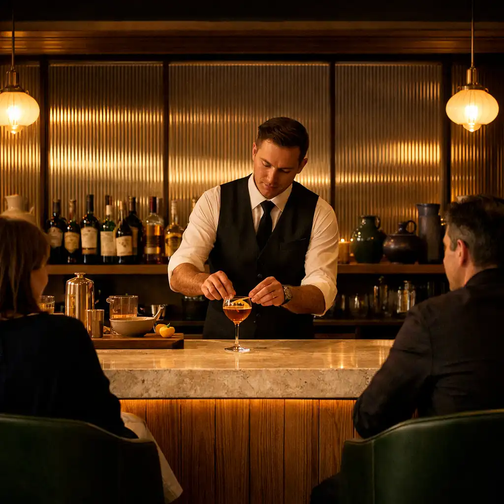 Wieczorny bar restauracyjny z ciepłym światłem