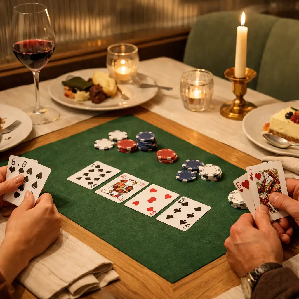 Dłonie gości przy towarzyskiej rozgrywce pokerowej obok szkła i deserowych talerzy