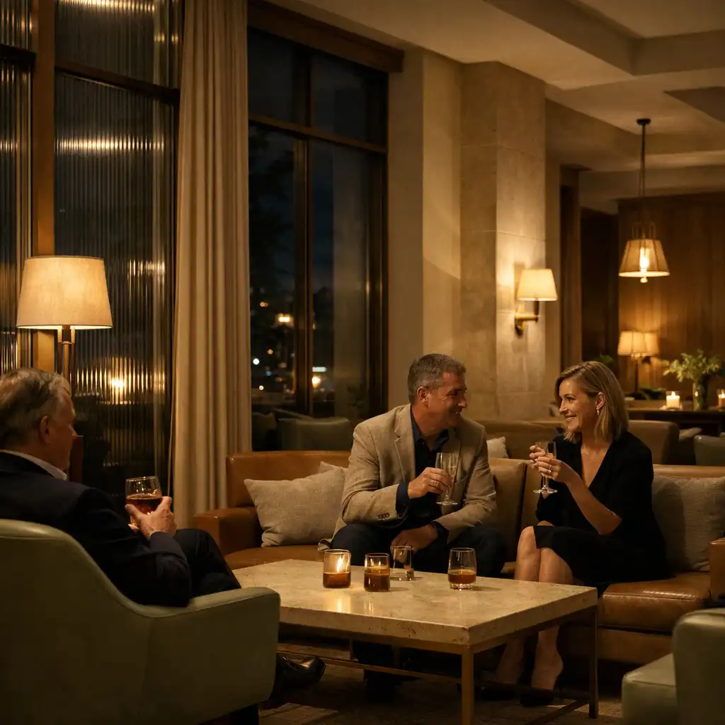 Goście odpoczywający przy wieczornych lampach w spokojnej części restauracji