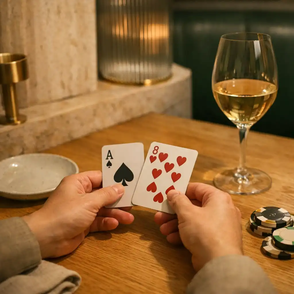 Dłonie układające karty obok lnianej serwety i kieliszka przy restauracyjnym stole