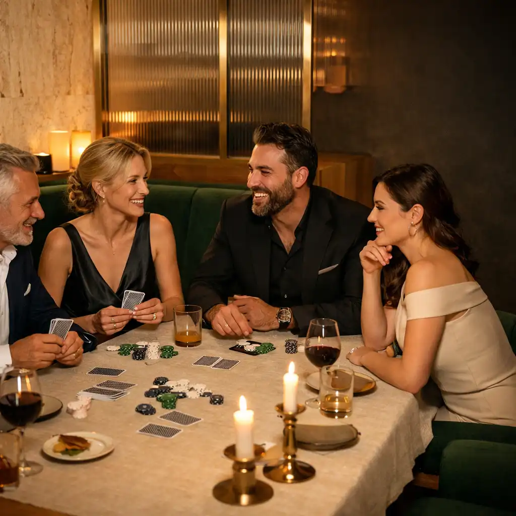 Goście przy eleganckim restauracyjnym stole podczas spokojnego wieczoru pokerowego