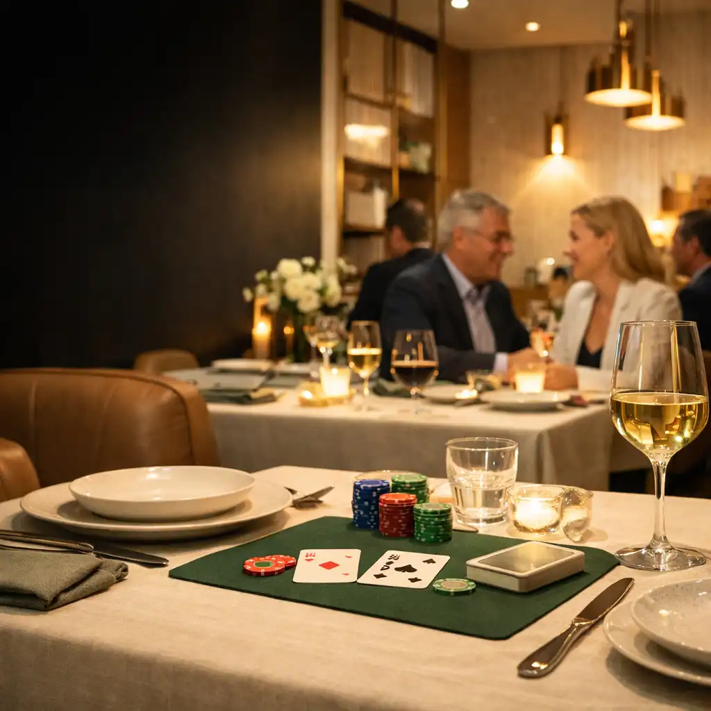 Eleganckie wnętrze restauracji ze wspólnym stołem, nakryciami i gośćmi podczas wieczornego spotkania