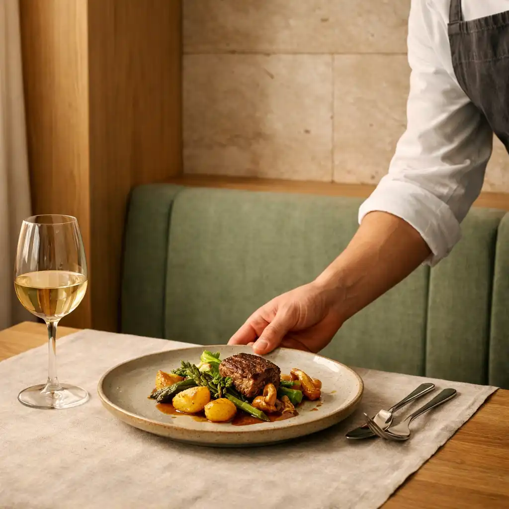 Osoba serwująca danie na ceramicznym talerzu przy restauracyjnym stole