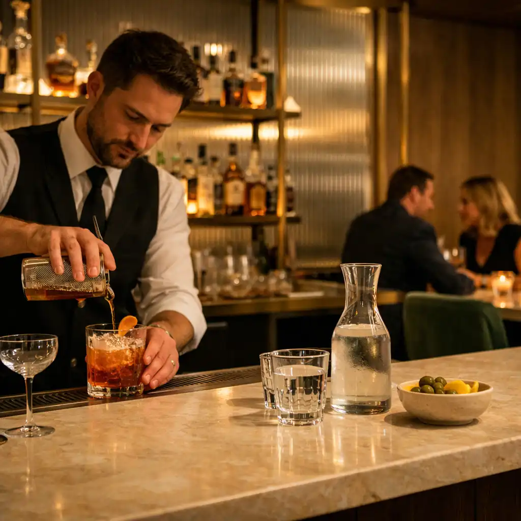 Barman przygotowujący napój przy kamiennym blacie eleganckiego baru