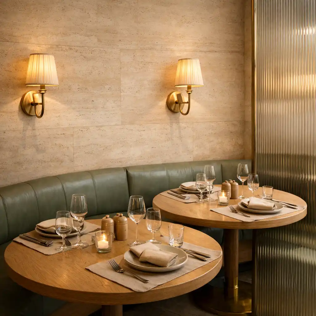 Kameralna część restauracji z okrągłymi stołami, zieloną ławą i mosiężnymi kinkietami