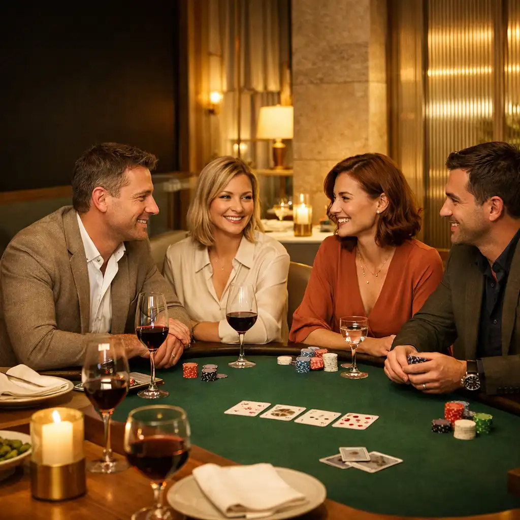 Przyjaciele rozmawiają przy eleganckim stole pokerowym w restauracji Wonderstar s. r. o..